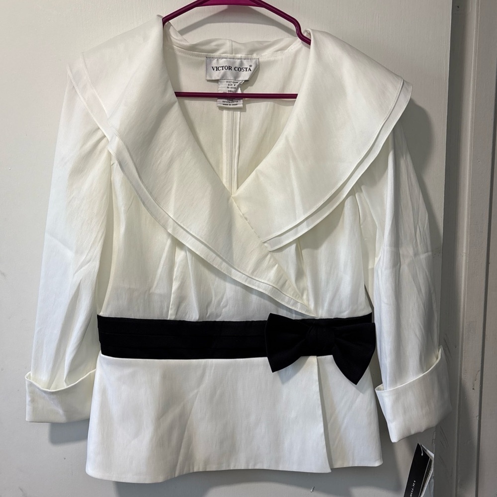 NWT Vintage Victor Costa White Black Evening Blouse Bow Size 8 Formal